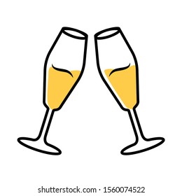 Two clinking glasses with white wine color icon. Champagne tulip flute. Glassfuls of alcohol beverage. Wine service. Celebration. Wedding. Cheers. Tasting, degustation. Isolated vector illustration
