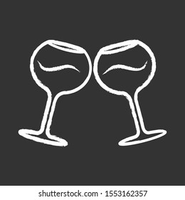 Two clinking glasses of wine chalk icon. Glassfuls of alcohol beverage. Wine service. Celebration. Wedding. Tasting, degustation. Toast. Cheers. Isolated vector chalkboard illustration