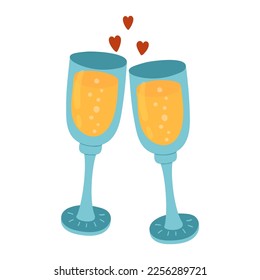 Two clinking glasses of wine or champagne and hearts isolated on white. Celebration Cheers and toast. Love and Valentine's Day design element for cards, invitations, decorations