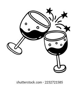 Two clinking glasses with wine. Simple vector icon. Hand drawn doodle isolated on white background. Cheers, champagne cups sparkle and shine. Flat clipart for greeting cards, invitations, bar menu