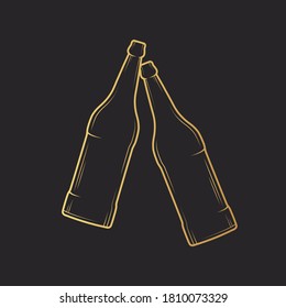 Two clinking golden bottles of beer. Vector isolated illustration. Icon for night bar background. Gold label with cheers for brewery.
