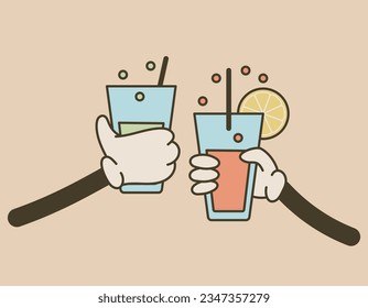Two clinking hands with cocktails in old cartoon style. Vector isolated groovy retro illustration, glasses with alcoholic drinks.