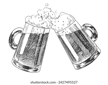 Two clinking mugs of beer with a splash of foam. Engraved illustrations for pub menu. Oktoberfest vector illustration. Sketch style glasses of foaming beer isolated on white background.