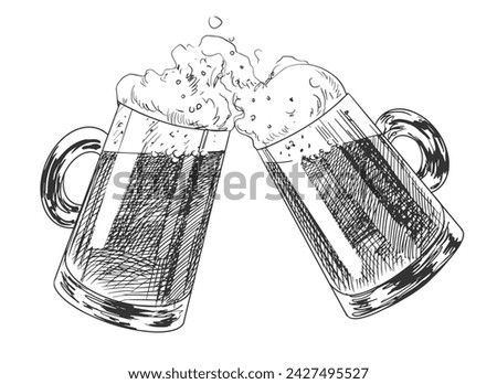 Two clinking mugs of beer with a splash of foam. Engraved illustrations for pub menu. Oktoberfest vector illustration. Sketch style glasses of foaming beer isolated on white background.