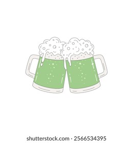 Two clinking mugs full of green Irish beer. Traditional Irish drink for St. Patrick's Day.
