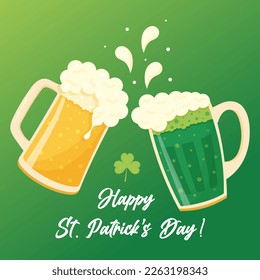 Two clinking mugs of green and lager beer making toast. Happy St. Patrick's Day. Glasses with cold foam drink and clover leaf. Greeting card.