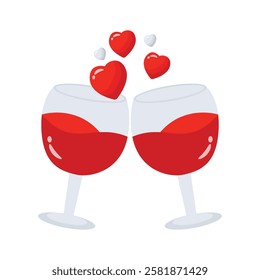 Two clinking wine glasses filled with red wine and floating hearts, symbolizing romance and celebration