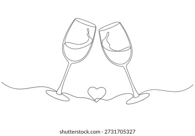 Two Clinking Wine Glasses with Heart One Line Art Valentines Day Romantic Celebration Toast Vector Illustration