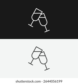 Two Clinking Wine Glasses on Black and White Backgrounds, Representing Celebration or Toasting, White Outline Icon