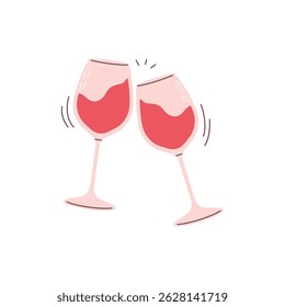 Dois copos de vinho clinking com vinho tinto em estilo plano. Conceito de celebração, festa, jantar romântico ou brinde de feriado.