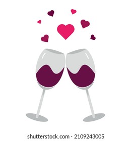 Two clinking Wineglasses with hearts flying from them