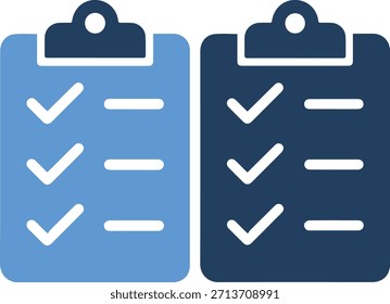 Dois ícones da área de transferência com listas de verificação em azul claro e escuro, apresentando marcas de verificação brancas e linhas em um fundo branco puro