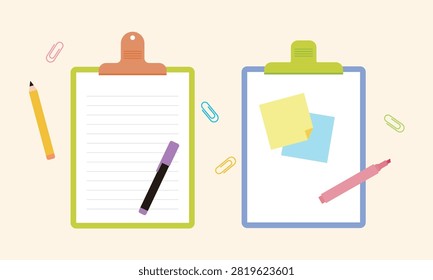 Two clipboards with office stationery vector illustration isolated on a background. Flat concept with lined paper, sticky notes, pencil, marker, and paperclips for business and study design.