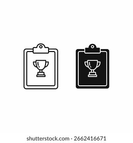 Duas pranchetas, uma em forma de contorno e uma preta sólida, cada uma exibindo um ícone de troféu.