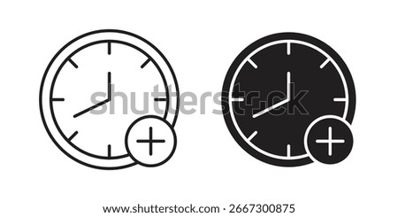 Two clock icons, one line art, one solid, each with a plus sign. Isolated on white.