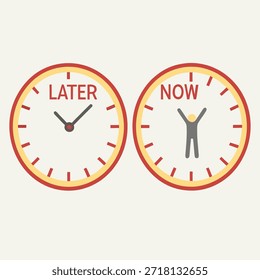 Dois relógios comparando a procrastinação e agindo agora com uma pessoa comemorando
