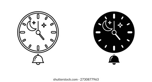 Two clocks with moon crescent and stars showing different times with bells below them