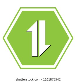 Two close arrows up-down sign. Vector. White icon with black shadow at yellow green honeycomb on white background.