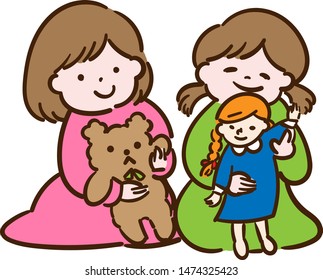 Two close friends playing with a doll
