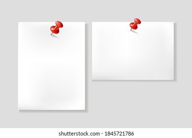 Two Close ups of white note paper. Notes with red push pins.