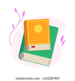 Two closed books with colorful covers and paper pages lying one on another isolated on white background with decoration for studying or literary leisure concept in flat vector illustration.