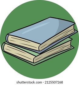 Zwei geschlossene Bücher, eine runde Karte mit einem Lehrbuch auf grünem Hintergrund, Vektorgrafik, Design-Element