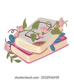 Two closed books stack with cartoon summer flowers. Funny old books with gray and pink hard covers and triangle decorations on corners. Reading mascot, cartoon cute literature vector illustration