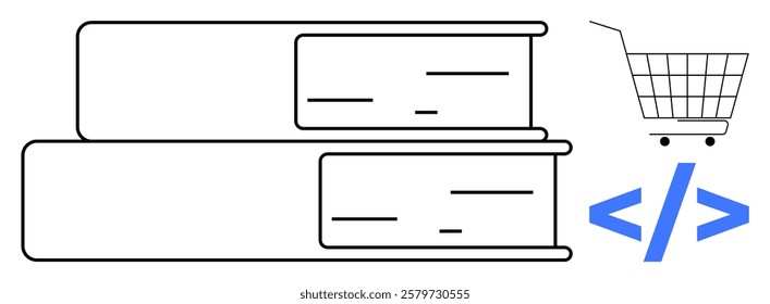 Two closed books are stacked next to each other. A shopping cart symbol is to the right alongside a coding symbol. Ideal for concepts related to education technology e-commerce online learning