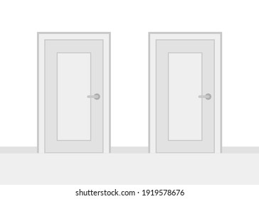 Two closed doors and having choice. Alternative doorway in front view. Choice concept. Vector illustrations