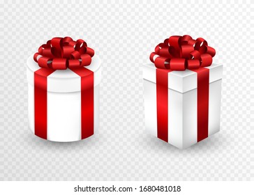 Two closed gift boxes with red ribbon and bow. Greeting banner for Christmas, New Year, Birthday. 