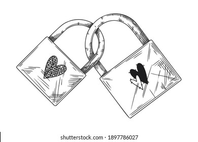 Two closed locks symbol of love. Sketch two locks and with hearts. Vector illustration in sketch style.