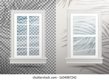 Dos ventanas de vidrio realistas cerradas con efecto superpuesto de sombras. Ilustración vectorial. Elemento de diseño de la arquitectura. Hojas y marcos de ventana.