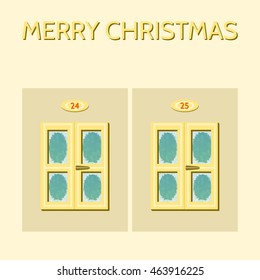 Two closed windows with handle, frosted glass panes, above the windows are numbers 24 and 25. Above the inscription Merry Christmas. Composition on Advent theme in slightly yellow and blue colors.
