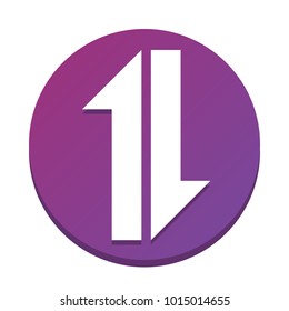Two closest arrows up-down sign. Vector. White icon with flat shadow on purpureus circle at white background. Isolated.