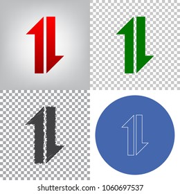 Two closest arrows up-down sign. Vector. 4 styles. Red gradient in radial lighted background, green flat and gray scribble icons on transparent and linear one in blue circle.