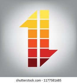 Two closest arrows up-down sign. Vector. Horizontally sliced icon with colors from sunny gradient in gray background.
