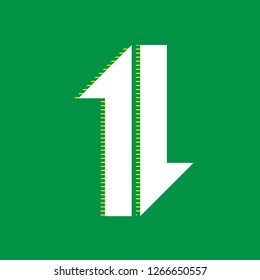 Two closest arrows up-down sign. Vector. White flat icon with yellow striped shadow at green background.