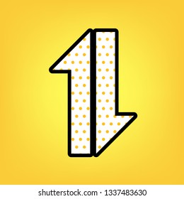 Two closest arrows up-down sign. Vector. Yellow polka dot white icon with black contour at warm yellow background.