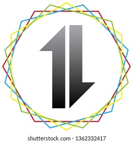 Two closest arrows up-down sign. Vector. Black icon with patch of light inside colorful hexagonal frames at white background.