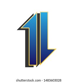 Two closest arrows up-down sign. Blue icon with gold contour with dark gray shadow at white background. Illustration.