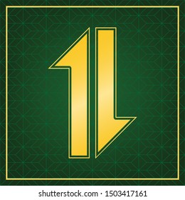 Two closest arrows up-down sign. Golden icon with gold contour at dark green gridded white background. Illustration.