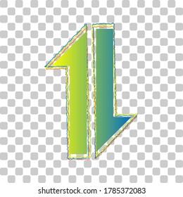 Two closest arrows up-down sign. Blue to green gradient Icon with Four Roughen Contours on stylish transparent Background. Illustration.