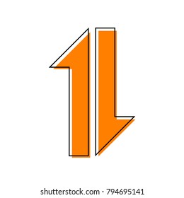 Two closest arrows up-down sign. Vector. Black line icon with shifted flat orange filled icon on white background. Isolated.