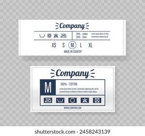 Two Clothing Labels Realistic 3d Vector Design, Illustrating Size Options, Fabric Content Such As Cotton And Linen