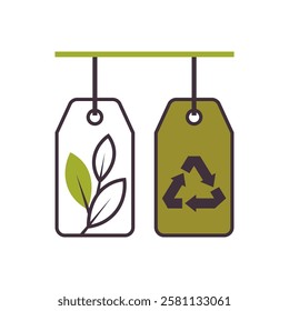 Two clothing tags, one featuring the recycling symbol and the other with leaves. Concept of eco-fashion, reusing, and supporting eco-friendly practices in garment production. Vector Not AI generated