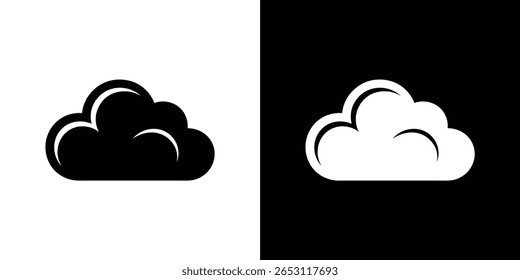 Dois ícones de nuvens são apresentados, um preto sobre um fundo branco e o outro branco sobre preto, mostrando uma ilustração de símbolo de tempo simples com estilos contrastantes.