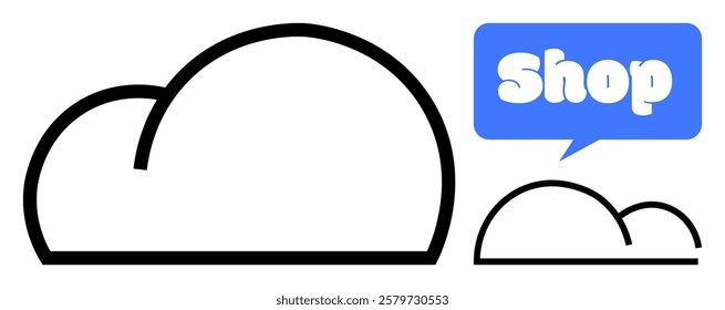 Two cloud shapes beside a blue speech bubble reading Shop. Ideal for marketing, online stores, weather themes, simple design projects and educational materials. Minimalistic style