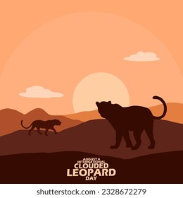 Two Clouded Leopards out in a desert at sunset, with bold text on light brown background to commemorate International Clouded Leopard Day on August 4