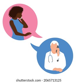 Two clouds of balloons in which the conversation is a consultation of the patient support medical hotline. The doctor consults by phone. Call your doctor. Vector isolated  illustration. EPS10