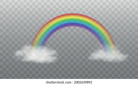 Two clouds connected by rainbow - realistic vector illustration isolated on transparent background. Magical colorful rainbow arc between white clouds.
